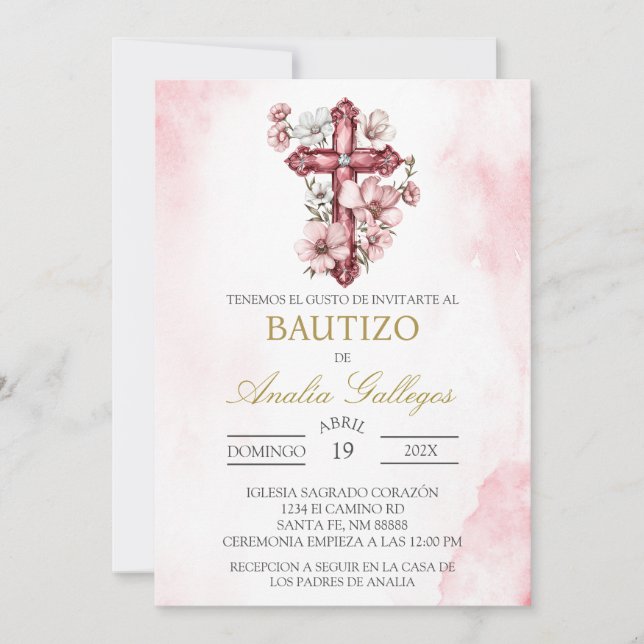 Crucifix Spanish baptism Invitation (Front)