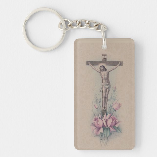 Crucifix St. Therese Quote Pink Roses Key Ring (Front)