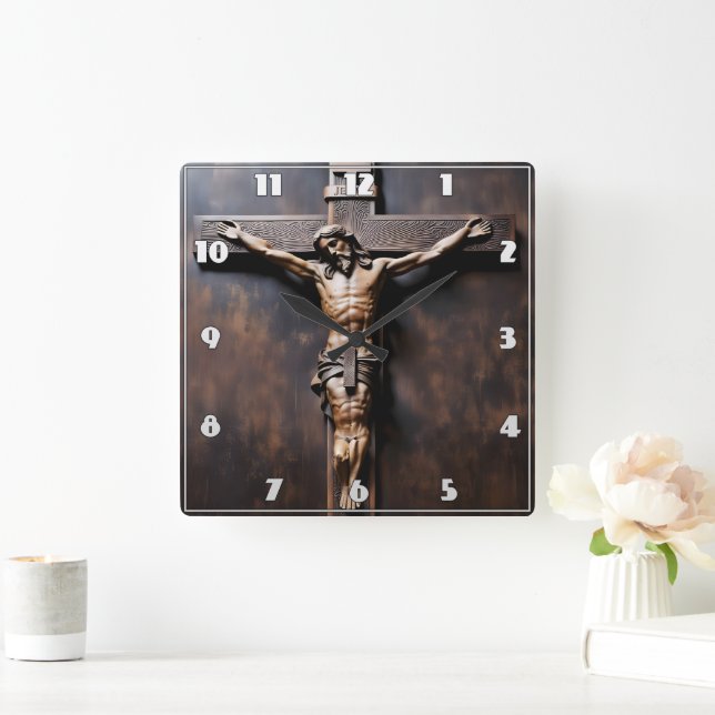 Crucifixion of Jesus on Wooden Cross Square Wall Clock (Home)