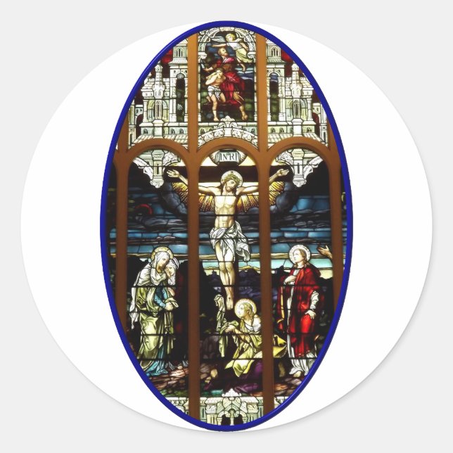 Crucifixion of Jesus stained glass window Classic Round Sticker (Front)