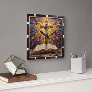 Crucifixion's Radiance: Word Revealed Square Wall Clock