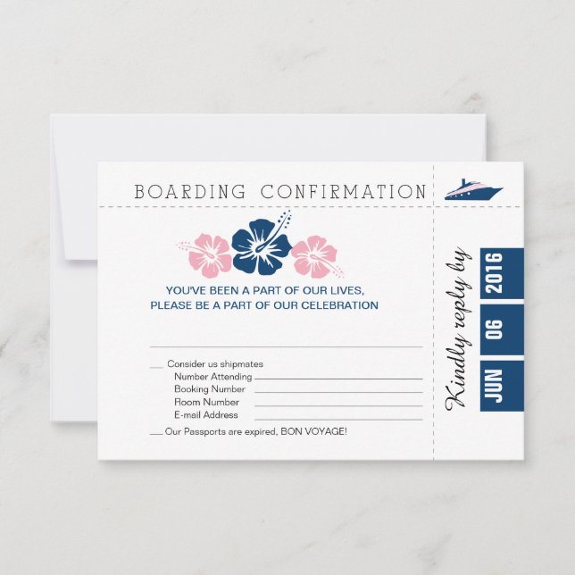 Cruise Boarding Pass RSVP Card with Hibiscus (Front)