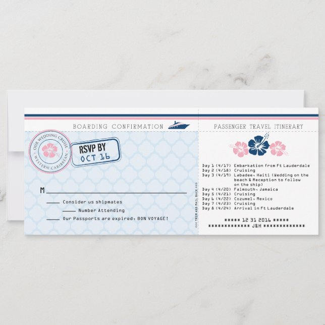 Cruise Boarding Pass RSVP Card with Hibiscus (Front)