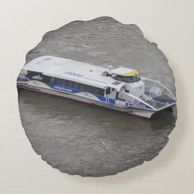 Cruise Boat on Thames Round Pillow (Back)