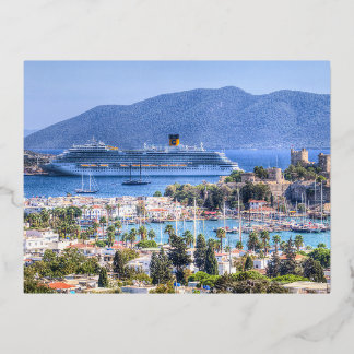 Cruise Ship And Bodrum Castle Foil Holiday Postcard