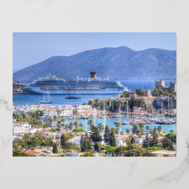 Cruise Ship And Bodrum Castle Foil Holiday Postcard (Front)