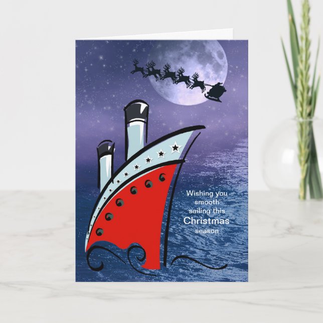 Cruise Ship - Boat at Sea + Santa flying over head Holiday Card (Front)