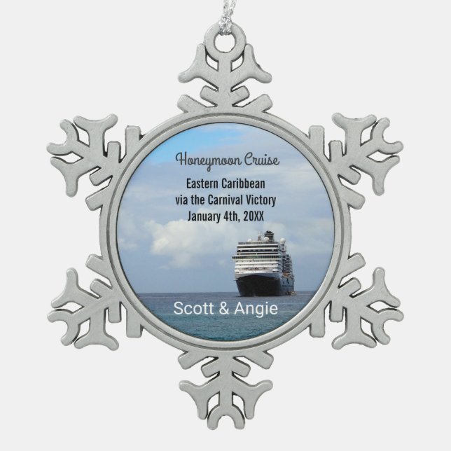 Cruise Ship | Honeymoon Personalised Snowflake Pewter Christmas Ornament (Front)