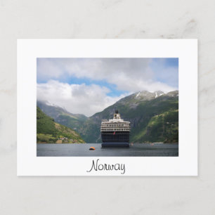 Cruise ship in Geirangerfjord white text postcard