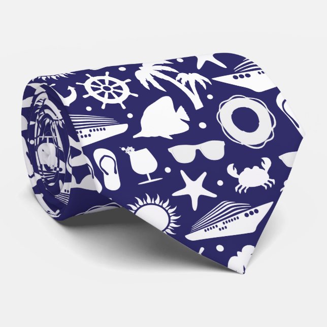 Cruise Ship Nautical Navy Blue and White Patterned Tie (Rolled)