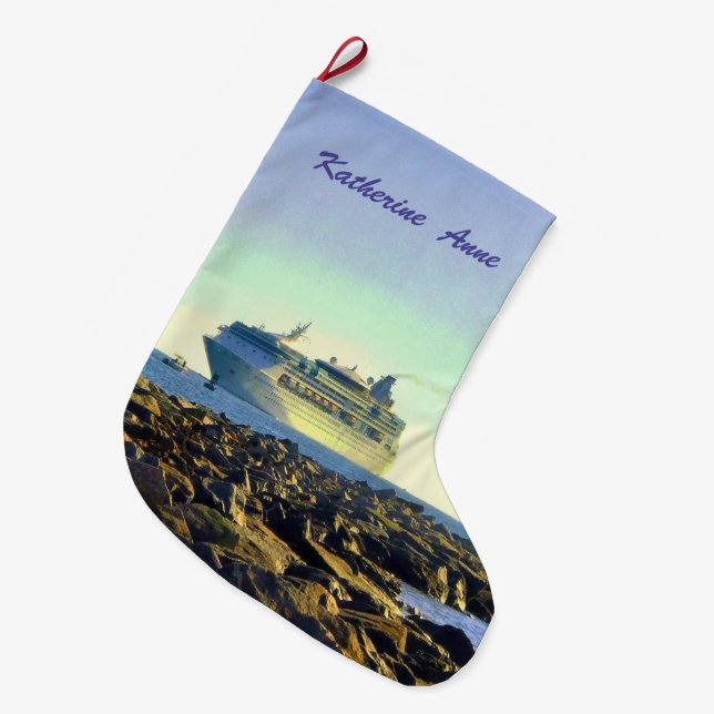 Cruise Ship Passing Jetties Personalised Large Christmas Stocking (Front (Hanging))