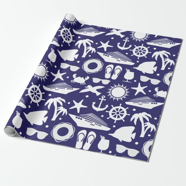 Cruise Ship Patterned Navy Blue and White Wrapping Paper (Unrolled)