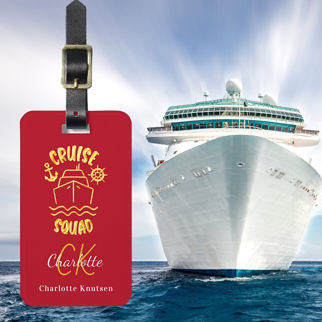Cruise squad red gold monogram name luggage tag (Creator Uploaded)