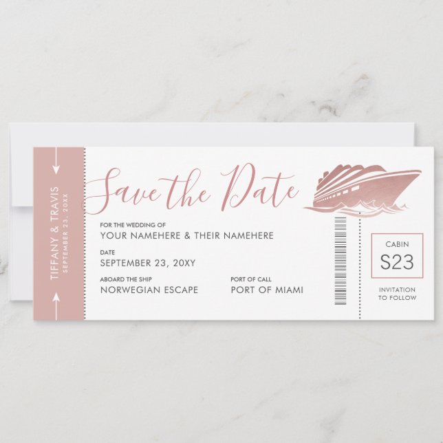 Cruise Wedding Boarding Pass Ticket Rose Gold Pink Save The Date (Front)