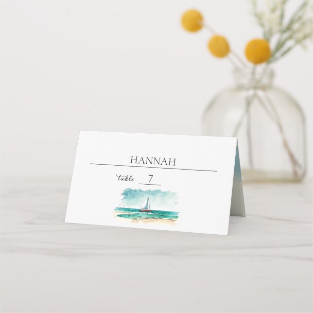 Cruise wedding, modern minimalist watercolour place card (Back)