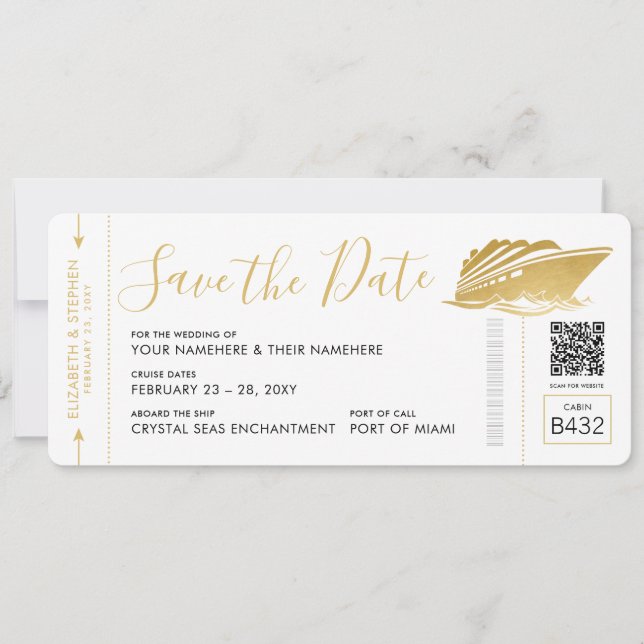 Cruise Wedding Ticket Boarding Pass Gold Save The Date (Front)