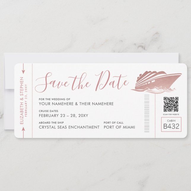Cruise Wedding Ticket Boarding Pass Rose Gold Pink Save The Date (Front)