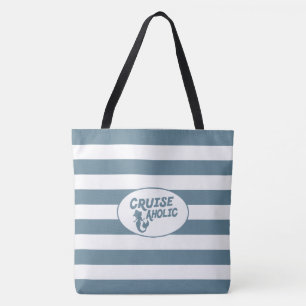 Cruiseaholic funny cruise with natuical stripes tote bag
