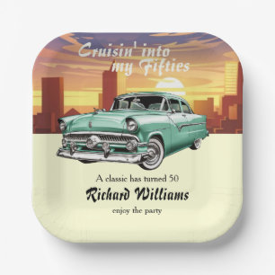 Cruising Classic Retro Car City 50th Birthday Paper Plate