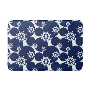 Cruising Ship's Wheel Nautical Blue and White Bath Mat