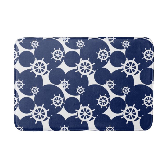 Cruising Ship's Wheel Nautical Blue and White Bath Mat (Front)