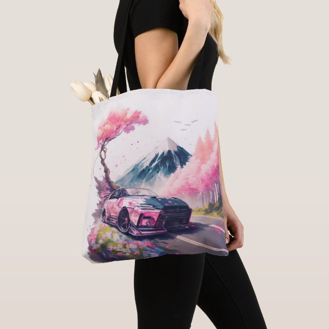 Cruising Through Cherry Blossom Landscape Tote Bag (Close Up)