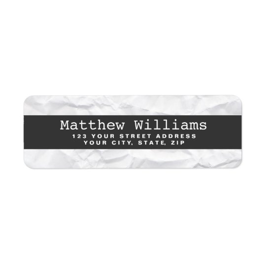 Crumpled white paper texture dark grey band blank return address label