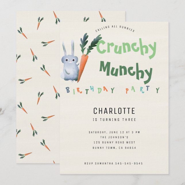 Crunchy Munchy Bunny Birthday Party Funny Cute Kid Invitation (Front/Back)