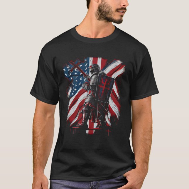 Crusader Templar Kneeling Crusader Templar Warrior T-Shirt (Front)