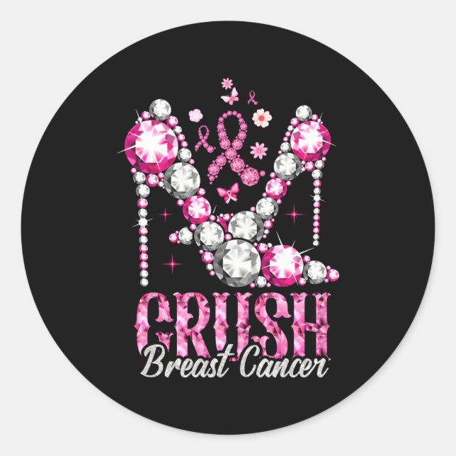 Crush Breast Cancer Awareness Bling K Ribbon Classic Round Sticker (Front)