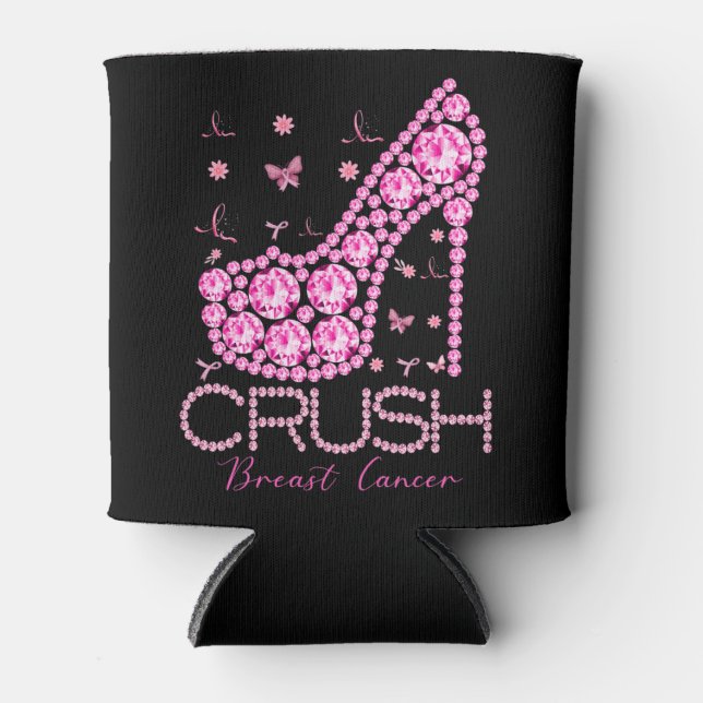Crush Breast Cancer Awareness Bling Pink Ribbon Can Cooler (Front)