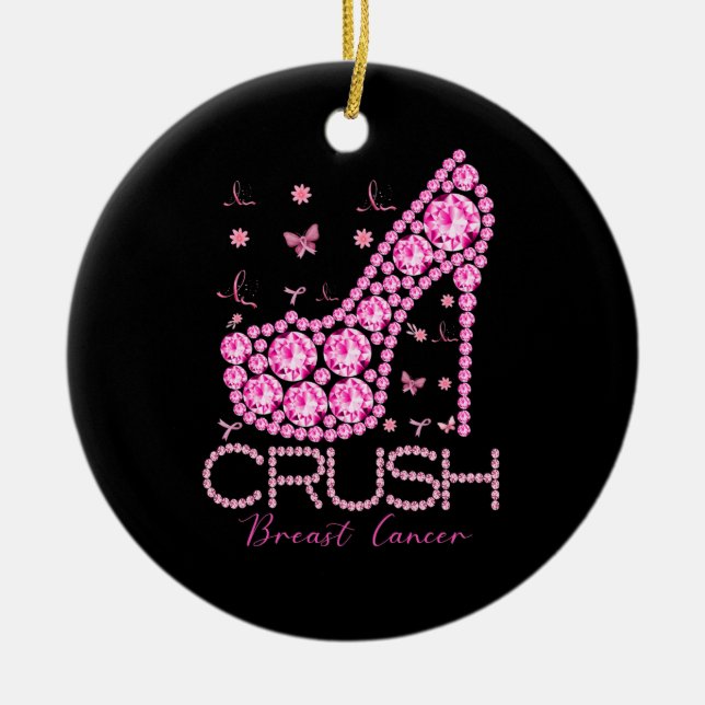 Crush Breast Cancer Awareness Bling Pink Ribbon Ceramic Tree Decoration (Front)