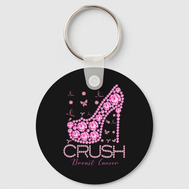 Crush Breast Cancer Awareness Bling Pink Ribbon Key Ring (Front)