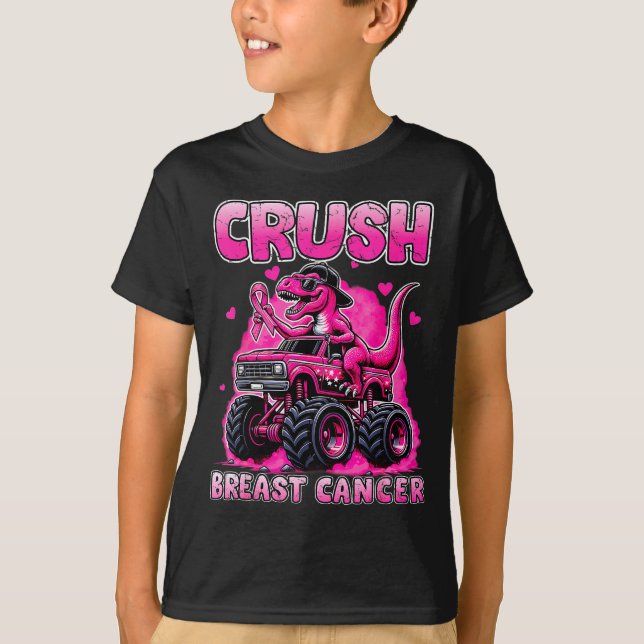 Crush Breast Cancer Awareness T Rex Monster Truck  T-Shirt (Front)
