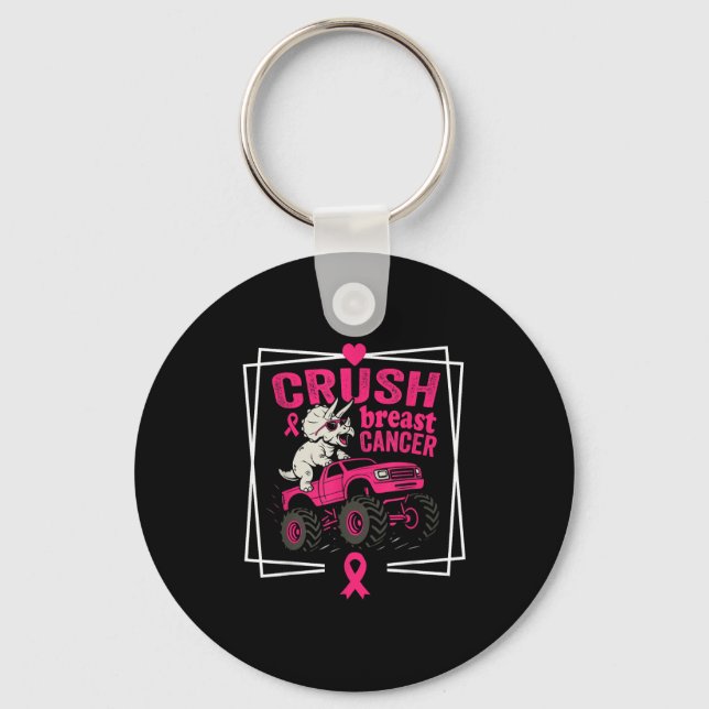 Crush Breast Cancer Dinosaur Driving A Pink Monste Key Ring (Front)