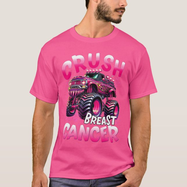 Crush Breast Cancer Monster Truck Girls Boys Pink  T-Shirt (Front)
