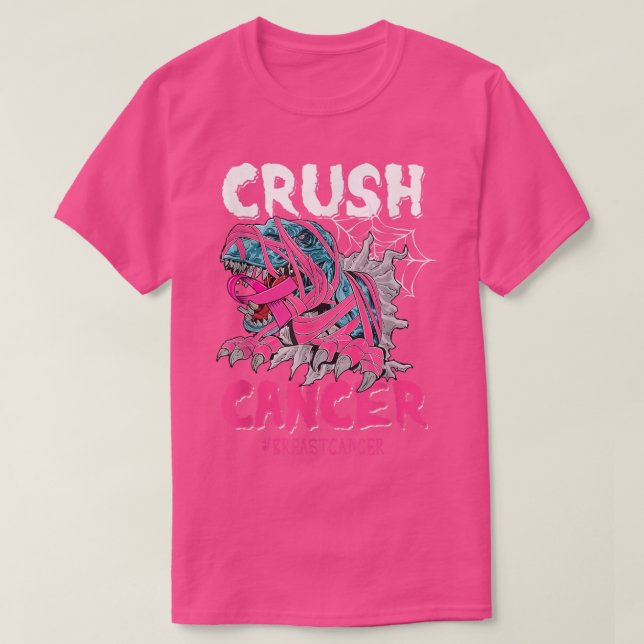 Crush Cancer Dinosaur On Truck Breast Cancer Aware T-Shirt (Design Front)