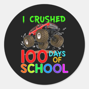 Crushed 100 Days Of School Monster Truck Kids Boys Classic Round Sticker