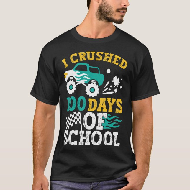Crushed 100 Days Of School Monster Truck Kids Boys T-Shirt (Front)