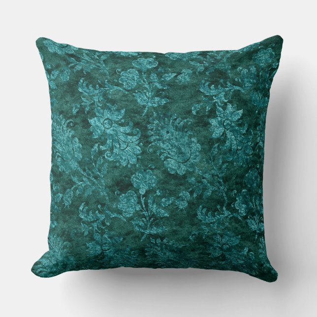 Crushed Velvet Floral Texture Teal Throw Pillow (Front)