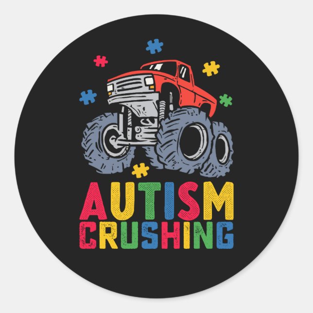 Crushing Autism Monster Truck Awareness Boy Girl Classic Round Sticker (Front)