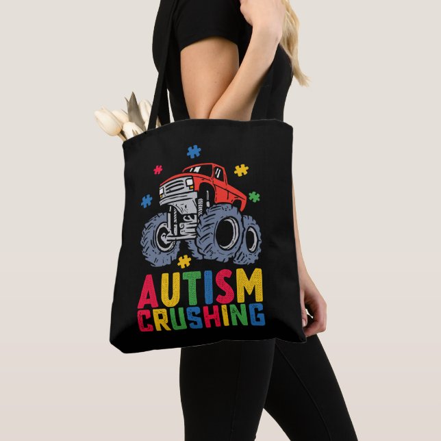 Crushing Autism Monster Truck Awareness Boy Girl Tote Bag (Close Up)