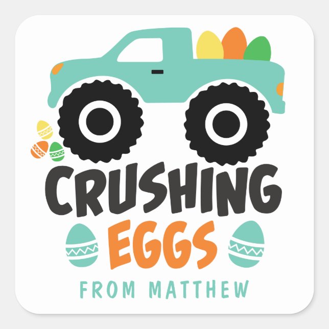 Crushing Eggs Cool Modern Easter Truck Name Square Sticker (Front)