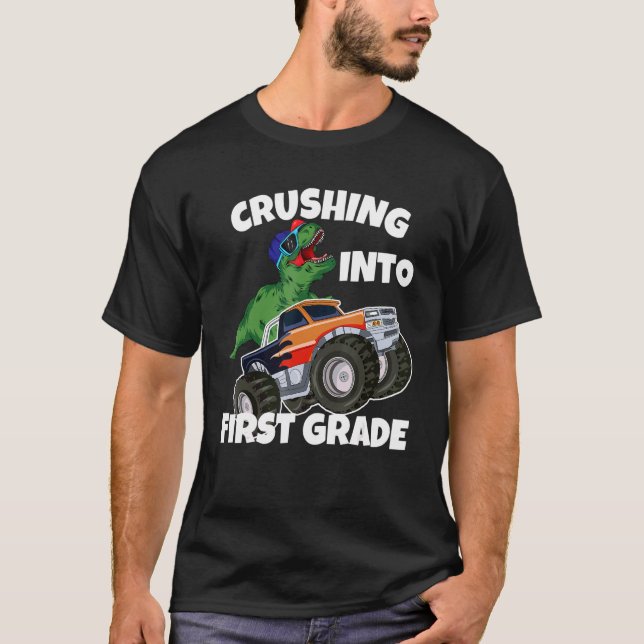 Crushing into 1st Grade Monster Truck Dinosaur Rex T-Shirt (Front)