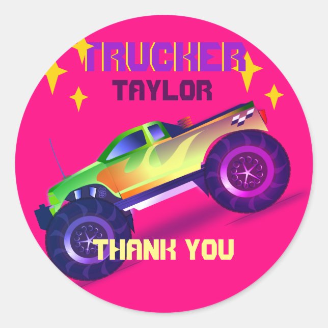 Crushing It MONSTER TRUCK Girls Pink Thank You Classic Round Sticker (Front)