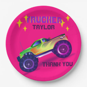 Crushing It MONSTER TRUCK Girls Pink Thank You Paper Plate