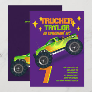CRUSHING IT Monster Truck Neon Birthday Party Kids Invitation