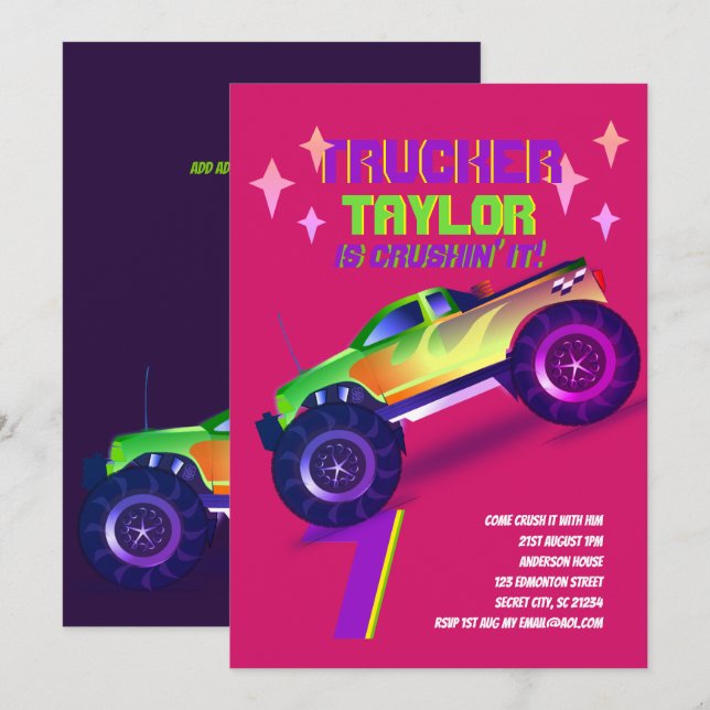 CRUSHING IT Monster Truck Neon Birthday Party Pink Invitation (Front/Back)