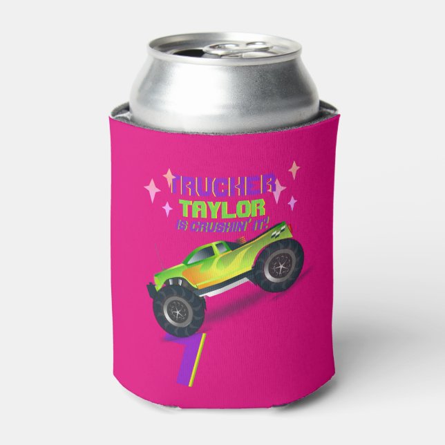 Crushing It MONSTER TRUCK PINK Birthday AGE NAME Can Cooler (Can Front)