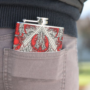 Crustacean in red, black and ivory hip flask
